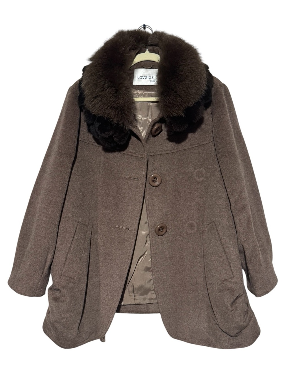 Loveles Fox Rabbit Fur Wool Cashmere Coat Women Size Large Brown Old Money